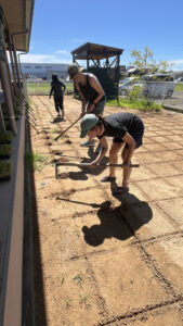 ニールさんとスタッフが朝の穴掘りをしている 園庭にて